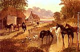 Stream Wall Art - The Evening Hour - Horses And Cattle By A Stream At Sunset